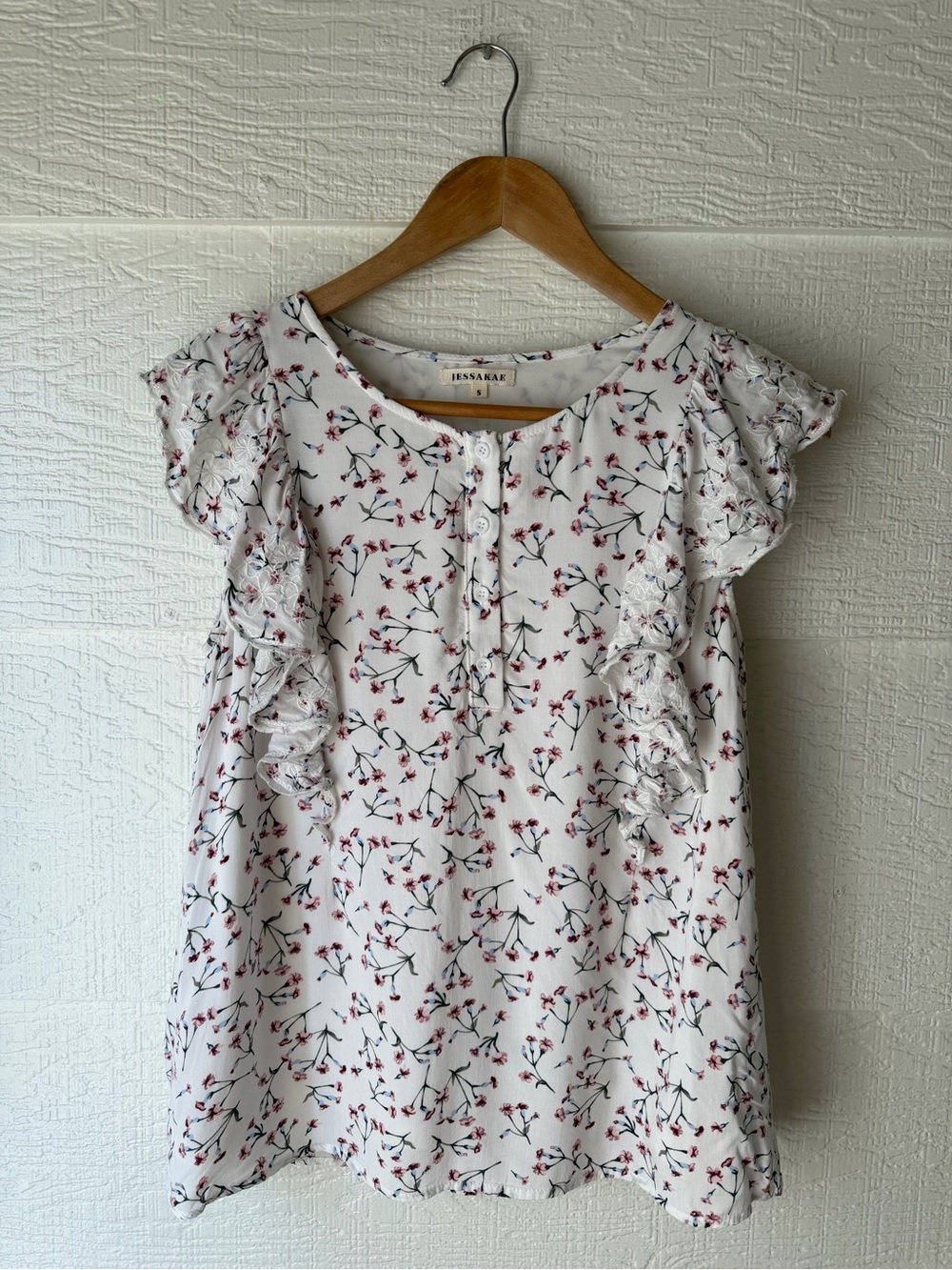 Jessakae Floral Ruffle Sleeve Blouse Cream Pink Cottagecore Small